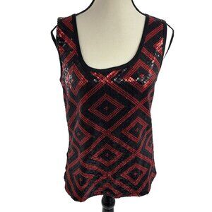 Bisou Bisou Womens L Black Red Geometric Sequin Sleeveless Scoop Neck Tank Top